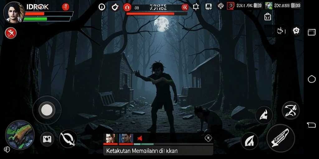 Screenshot gameplay IDROK menampilkan suasana mencekam dan karakter menakutkan.