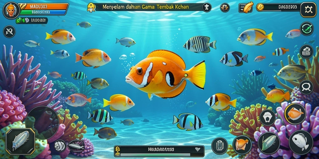 Screenshot gameplay MADU303 menunjukkan aksi menembak ikan yang mendebarkan.